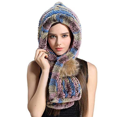 BeFur Neue Echte Rex Kaninchen Fellmütze Fell Schal Kapuze Kapuzenschal Plüschmütze Wintermütze mit großen Waschbär Kugel - color 3 von BeFur