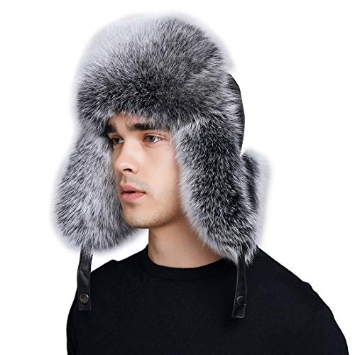 BeFur Pelzmütze echte Fuchs Waschbär Fell Lederhaube Pilotenmütz L blau frost von BeFur