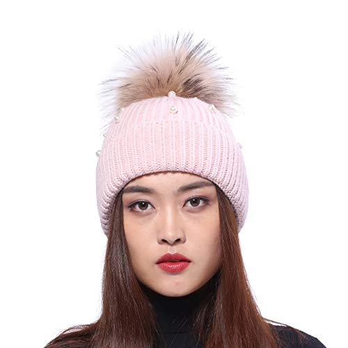 Damen Strickmütze schöne Baskenmütze Winter Mütze Bommelmütze Beanie Waschbär Fell Bommel mit Perle - hell pink von BeFur
