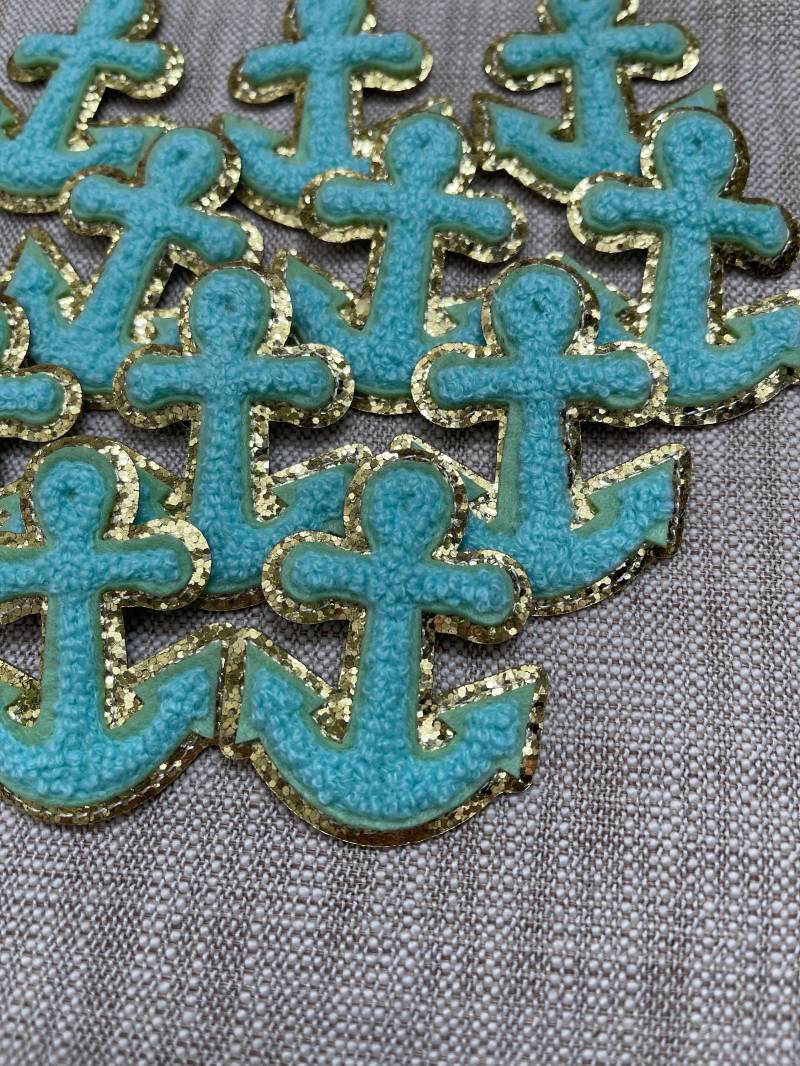 Bügelbild Anchor Chenille Aqua Gold Aufnäher Zum Aufbügeln von BeGlitteredShop