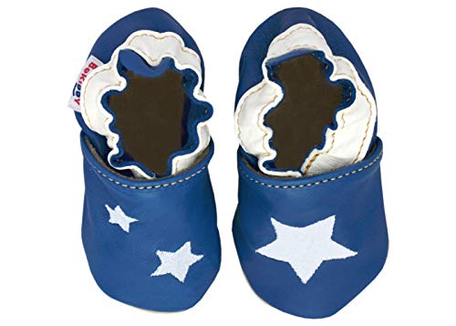 BeKiddy Krabbelschuhe Babyschuhe für Junge Mädchen Kleinkind - Leder - Babyschuhe Lauflernschuhe 0-24 Monate Baby 19-25 EU Viele Farben Motiv (19/20 EU, Blau Sterne) von BeKiddy