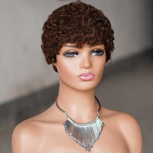 Frauen Perücke Afro Kinky Curly Echthaar Kurz Perücken Für Schwarze Frauen Flauschige Enge Locken Natürlich Aussehende Kleberlose Haarersatz Perücke,Braun von BeLongsYou