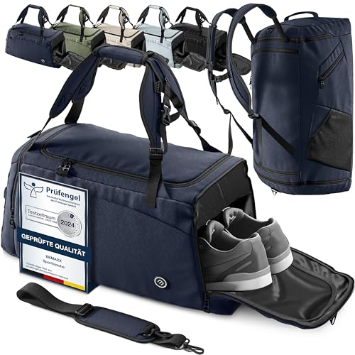Sporttasche Trainingstasche + Rucksack, Schuhfach, Nassfach | Reisetasche Schwimmtasche Fitnesstasche Sport Gym Fitness Umhängetasche Handgepäck Weekender Bag Reise Tasche Herren Damen | 40 L, Blau von BeMaxx