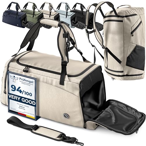 Sporttasche Trainingstasche + Rucksack, Schuhfach, Nassfach | Reisetasche Schwimmtasche Fitnesstasche Sport Gym Fitness Umhängetasche Handgepäck Weekender Bag Reise Tasche Herren Damen | 40 L, Beige von BeMaxx