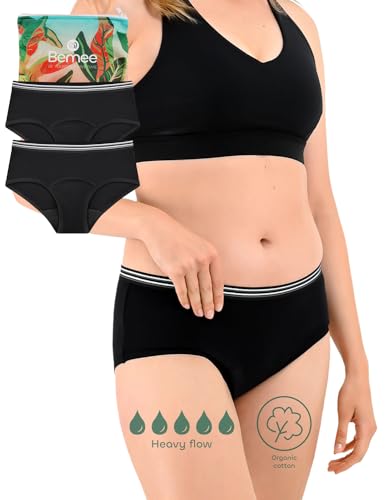 Daytime Hipster, Perioden-unterwäsche, Menstruations-Slip aus Bio-Baumwolle, auslaufsicher bei mittlerer bis starker Blutung für Frauen, schwarz, Größe XXL, Doppelpack von BeMee