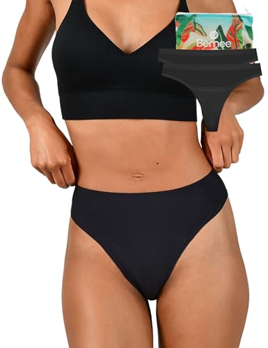 BeMee Daytime Seamless String, Nahtloser, hauchdünner Perioden-Tanga, Menstruations-Unterwäsche, bei mittelstarker Blutung für Teenager und Frauen, schwarz, Größe S, Doppelpack von BeMee