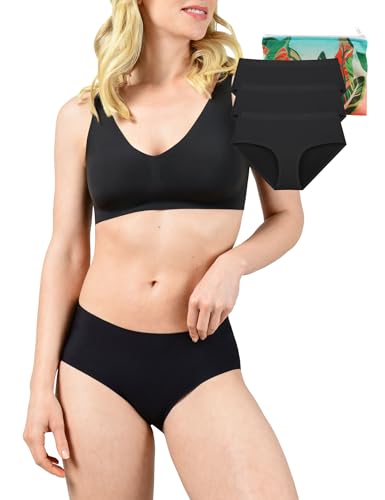 Nahtlose Damen Unterhosen Seamless Hipster, Seamless Slips Damen, Mikrofaser Slips nahtlos, Bio-Baumwoll-Zwickel, schwarz, Größe L, Dreierpack von BeMee