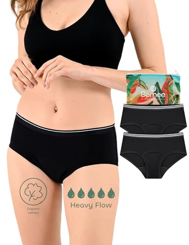 BeMee Nighttime Hipster aus Bio-Baumwolle, Perioden-unterwäsche, Menstruations-Slip, bei mittlerer bis starker Blutung für Frauen, schwarz,Größe XL, Doppelpack von BeMee