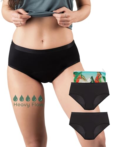 BeMee Perioden-unterwäsche, Nightime Hipster Heavy Flow für die Nacht, Menstruations-Slip, Bambus-Viskose, atmungsaktiv, auslaufsicher bei starker Blutung für Mädchen, schwarz, Größe XS, Doppelpack von BeMee