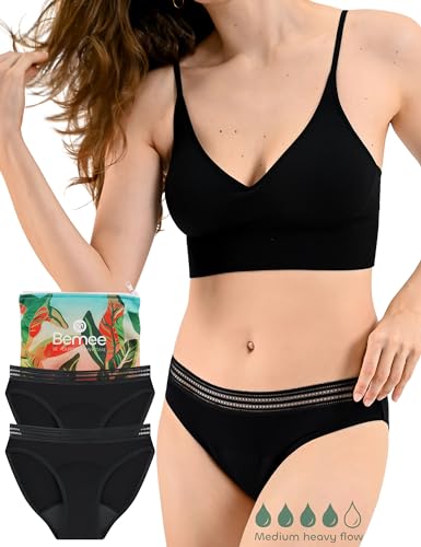 Daytime Bikini Lace, Perioden-unterwäsche für Mädchen, Menstruations-Slip aus Bambus-Viskose schadstoff-frei, saugstark bei mittlerer bis starker Blutung, schwarz, Größe XS, Doppelpack von BeMee