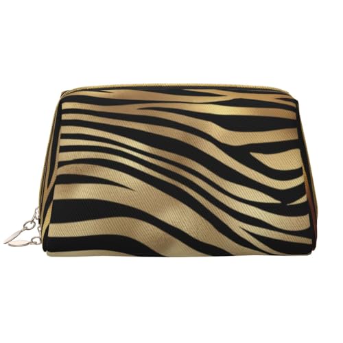 Große Make-up-Tasche, Leder-Kosmetiktasche, Reise-Toilettenartikel-Organizer, Make-up-Tasche, Afrikanisches Zebra-Tierfell in Sepia-Schwarzgold von BeNtli