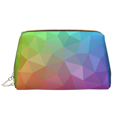 Große Make-up-Tasche, Leder-Kosmetiktasche, Reise-Toilettenartikel-Organizer, Make-up-Tasche, Mehrfarbige polygonale Dreiecke, die aus Regenbogen bestehen von BeNtli