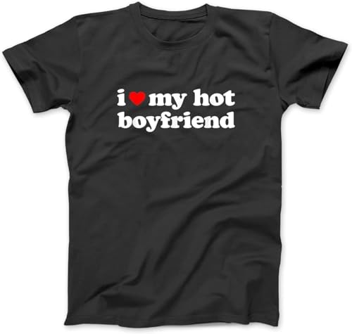 T-Shirt mit Aufschrift "I Love My Boyfriend", "I Love My Hot Boyfriend", 100 % Baumwolle, Buchstaben-Grafikdruck, für Herren und Damen, Schwarz, Schwarz , XL von BeRbo