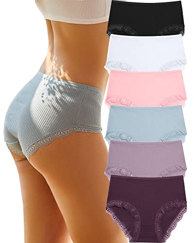 BeReady 6er Pack Unterhosen Damen Hohe Taille Slips Baumwolle Hipster Spitze Bequeme Unterwäsche High Waist Taillenslip Frauen Mehrpack L-3XL von BeReady