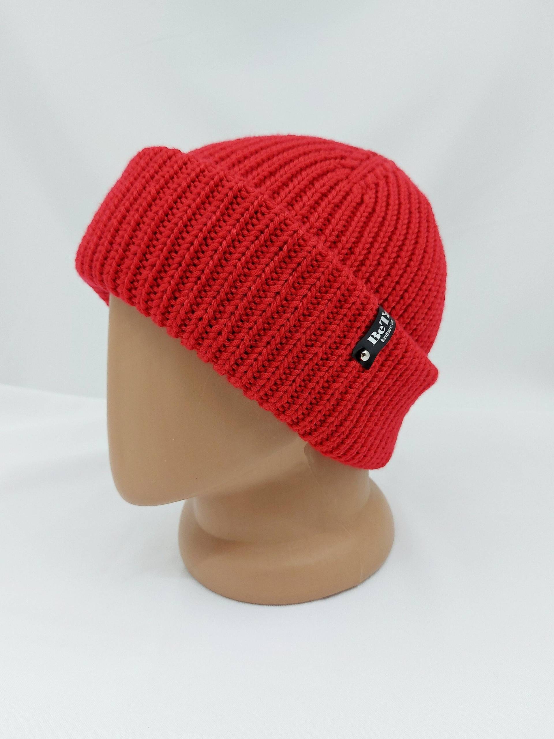 Rote Beanie-Mütze Für Männer, Doppelte Manschettenstrick-Männermütze, Merinowollmütze, Rote Herrenmütze von BeTaKnitWear