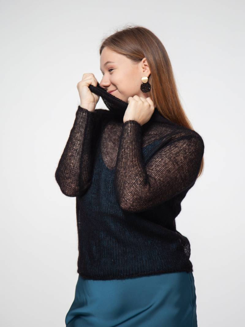 Rollkragen Mohair Seide Pullover, Handstricken Frauen Dressy Leichte Weiche Rollkragen, Enge Passform Schwarz Pullover von BeWannaMore