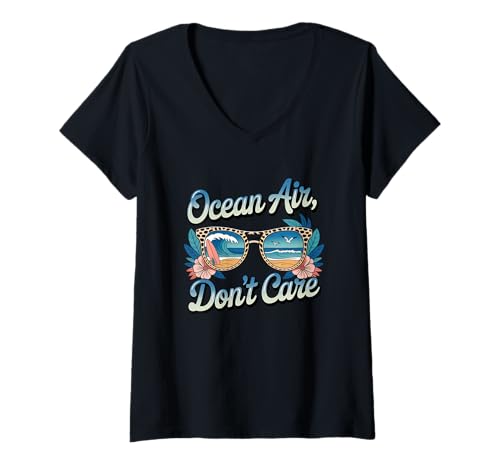 Damen Ocean Air Don't Care Sonnenbrille Beach Fun T-Shirt mit V-Ausschnitt Damen Ocean Air Don't Care Sonnenbrille Beach Fun T-Shirt mit V-Ausschnitt von Beach Lovers Coastal Vibes Ocean Breezes