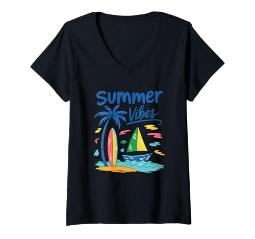Damen Summer Vibes Palm Tree Surfboard Segelboot T-Shirt mit V-Ausschnitt von Beach Paradise Surfing Ocean Waves Fun