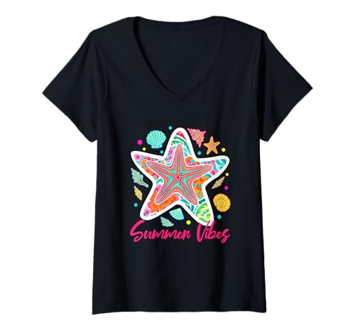 Damen Summer Vibes Seestern Muschel Ozean T-Shirt mit V-Ausschnitt Damen Summer Vibes Seestern Muschel Ozean T-Shirt mit V-Ausschnitt von Beach Starfish Seashell Patterns Summer