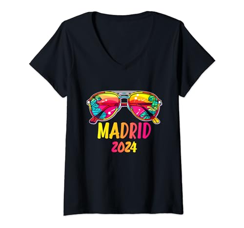 Damen Madrid 2024 Sonnenbrille Outfit Madrid T-Shirt mit V-Ausschnitt von Beach Summer Party Designs