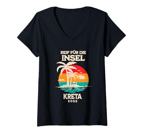 Damen Reif für die Insel Kreta 2025 Palmen Sunset Outfit T-Shirt mit V-Ausschnitt Damen Reif für die Insel Kreta 2025 Palmen Sunset Outfit T-Shirt mit V-Ausschnitt von Beach Summer Party Designs