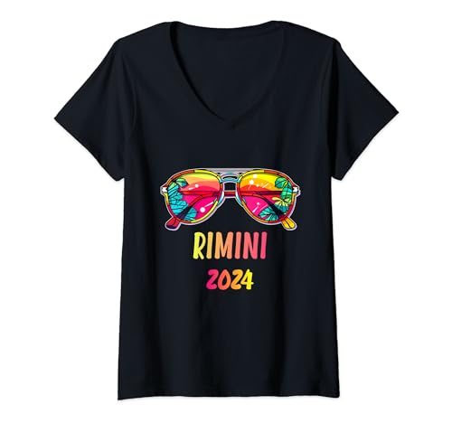 Damen Rimini 2024 Sonnenbrille Outfit Rimini T-Shirt mit V-Ausschnitt von Beach Summer Party Designs