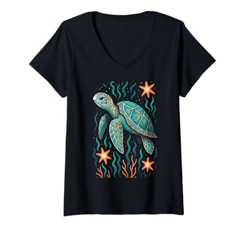 Damen Schildkröte Marine Ozean Meer Koralle Wildlife Natur T-Shirt mit V-Ausschnitt Damen Schildkröte Marine Ozean Meer Koralle Wildlife Natur T-Shirt mit V-Ausschnitt von Beach Turtle Lover Animal