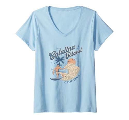 Damen Catalina Island California Surf Retro Vintage Surfer Sommer T-Shirt mit V-Ausschnitt von Beach Vacation for Men and Women