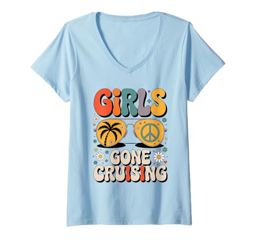 Damen Girls Gone Cruising Palme Retro Summer Vacation T-Shirt mit V-Ausschnitt von Beach Vibes Bachelorette Party Co
