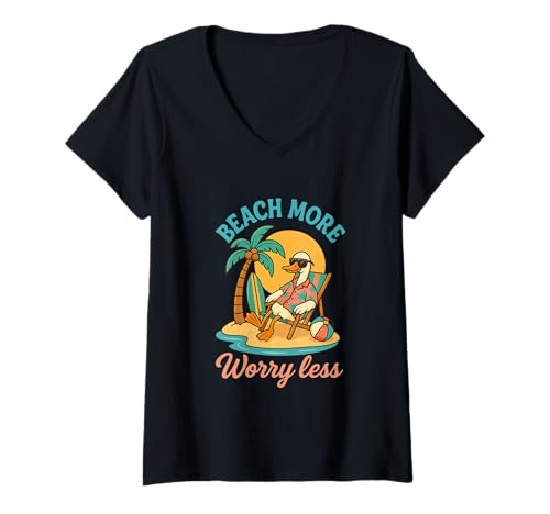 Damen Strand Mehr Sorgen weniger Sommerkälte T-Shirt mit V-Ausschnitt Damen Strand Mehr Sorgen weniger Sommerkälte T-Shirt mit V-Ausschnitt von Beach Vibes Relaxation Tropical Fun