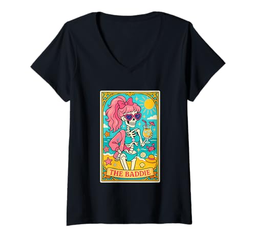 Damen The Baddie Skelett Beach Fun Summer Vibes T-Shirt mit V-Ausschnitt Damen The Baddie Skelett Beach Fun Summer Vibes T-Shirt mit V-Ausschnitt von Beach Vibes Skeleton Attitude Humor