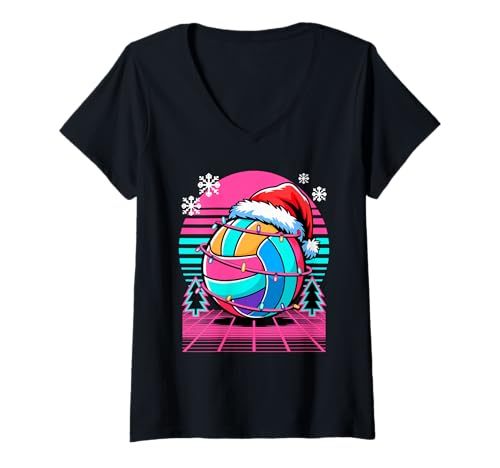 Damen Weihnachten Synthwave Beachvolleyball T-Shirt mit V-Ausschnitt von Beach Volleyball Player Gifts