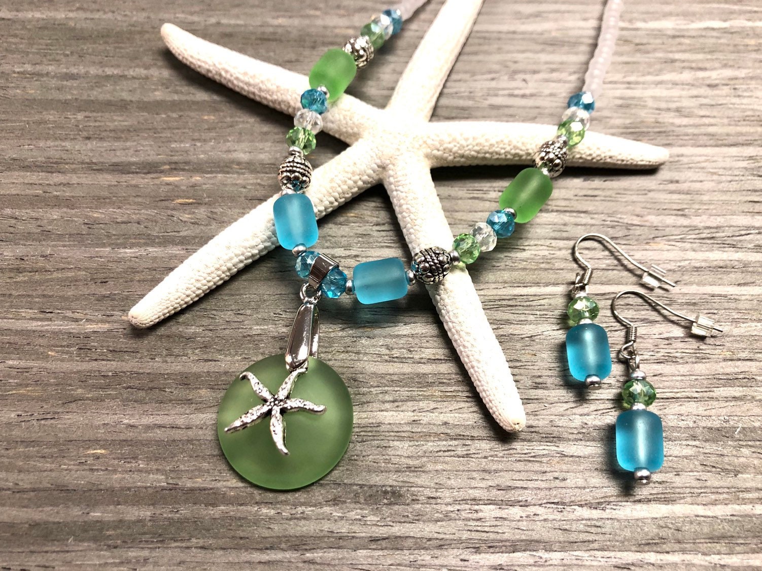 Meer Glas Halskette Schmuck Set, Seestern Halskette, Ohrringe, Schmuck, Strand Sommer Brautjungfer Geschenk von BeachBoutiqueJewels