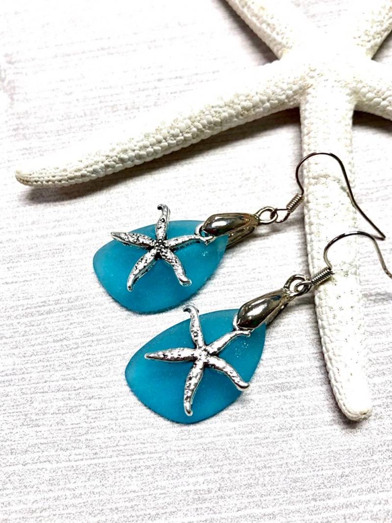 Seeglas Seestern Ohrringe, Aqua Blau Seeglas, Schmuck, Beachy Schmuck von BeachBoutiqueJewels