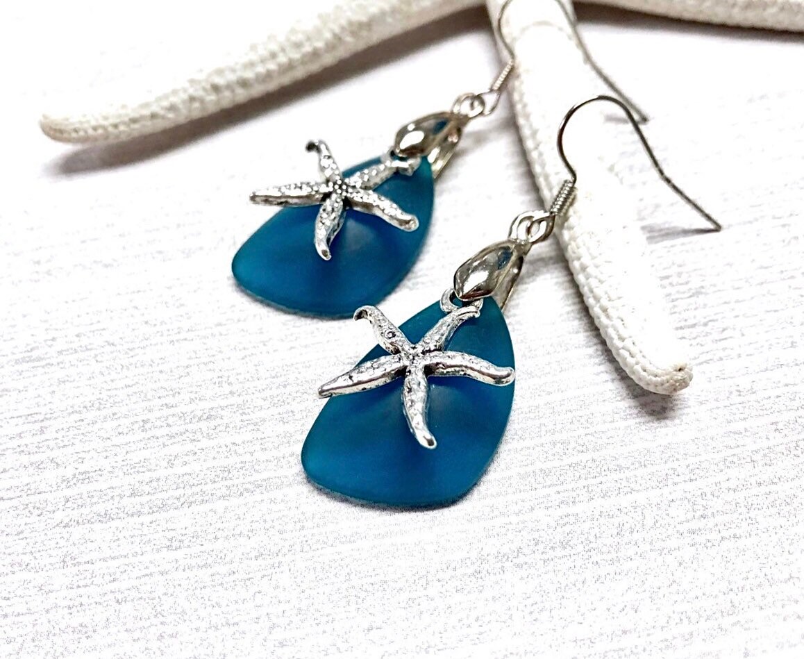 Seestern Ohrringe, Silber Seeglas Petrol Blau Seeglas, Schmuck, Beachy Schmuck von BeachBoutiqueJewels