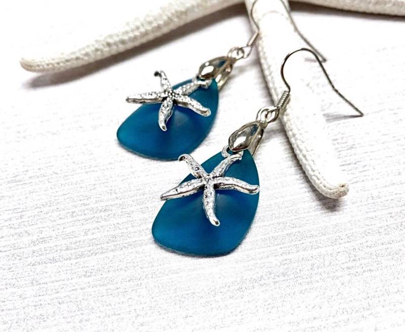 Seestern Ohrringe, Silber Seeglas Petrol Blau Seeglas, Schmuck, Beachy Schmuck von BeachBoutiqueJewels