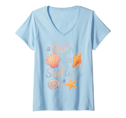 Damen Shhh I'm Shelling Aquarell Muscheln Sheller T-Shirt mit V-Ausschnitt Damen Shhh I'm Shelling Aquarell Muscheln Sheller T-Shirt mit V-Ausschnitt von Beachcombing Seashell Hunter Shell Cute Designs