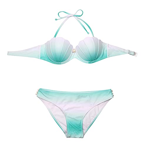 Beachkini Women's Swimsuits Gradient Colour Bikini Mermaid Shell Swimwear High Waist Swimsuit,White Green,L von Beachkini