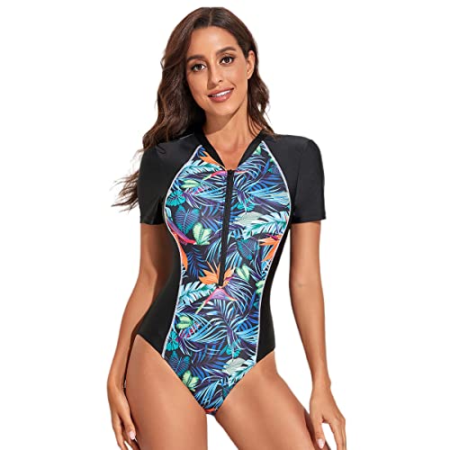 Beachkini Einteiliger Badeanzug für Damen,langärmlige Bademode mit Frontreißverschluss,Triangel-Badeanzug,56 schwarz blau,2XL von Beachkini