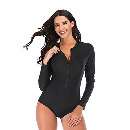 Beachkini Einteiliger Badeanzug für Damen Langärmelige Badebekleidung mit Frontreißverschluss Triangel-Badeanzug Rash Guards,Noir 66631,3XL von Beachkini