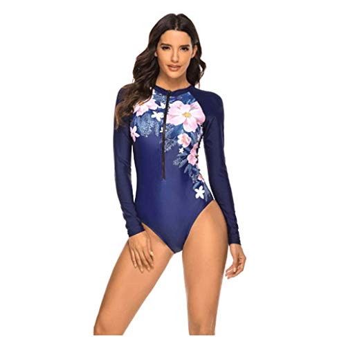 Beachkini Langärmeliger einteiliger Badeanzug für Damen, Badeanzug mit dreieckigem Reißverschluss vorne,Blue Flower,L von Beachkini