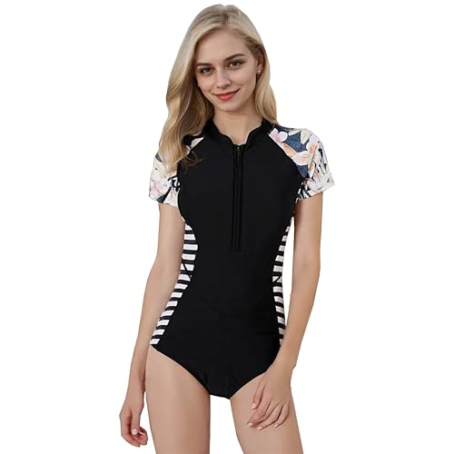 Beachkini Damen Surfanzug mit Bein kurzärmeliger Badeanzug Frontreißverschluss Einteiler UPF 50+ Bademode Surfen Schwimmanzug Badebekleidung Rashguard,Black 9049,M von Beachkini
