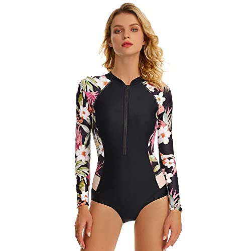 Beachkini One-Piece Swimsuit for Women Long-Sleeved Swimwear with Front Zip Triangle Swimsuit,Black Peony,L von Beachkini