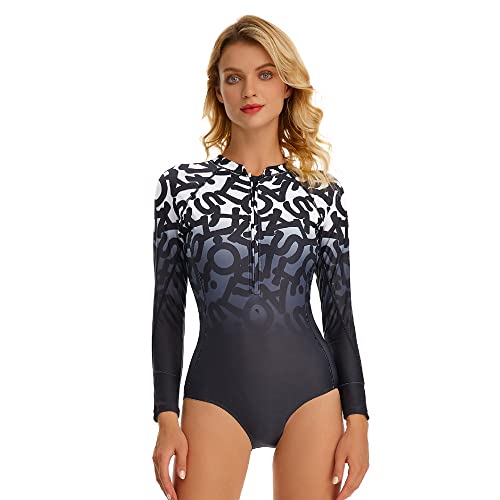 Beachkini Für Frauen Einteilig Badeanzug mit Ärmel,Badeanzug,Front Zip Badeanzug,Surfbekleidung,Taucheranzug,Rash Guards,Letter Gradient,M von Beachkini