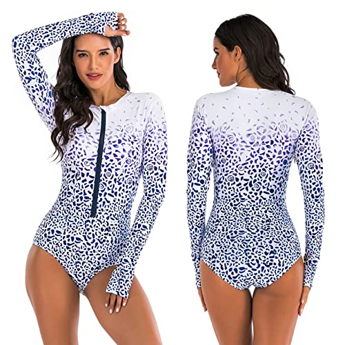 Beachkini One-Piece Swimsuit for Women Long-Sleeved Swimwear with Front Zip Triangle Swimsuit,White Purple,XXL von Beachkini