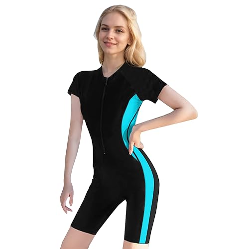 Beachkini Damen Badeanzug High Neck Kurzarm Reißverschluss Vorne Einteilige Bademode Swimsuit,Blau Schwarz,L von Beachkini