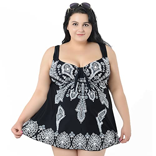 Beachkini Women's Plus Size Retro Print Two-Piece Swimsuit Tankini Beach Dress,Black,50 von Beachkini