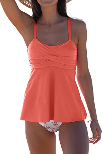 Beachsissi Damen Badeanzüge Blumendruck Zweiteilig Twist Front Verstellbar Hohe Taille Bauchkontrolle Tankini Sets, Lachsfarbe, L von Beachsissi