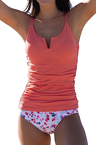 Beachsissi Damen Badeanzüge mit Gerüschtem Design Bauchkontrolle Zweiteilig Blumendruck V Ausschnitt Tankini Sets, Lachsfarben, XL von Beachsissi