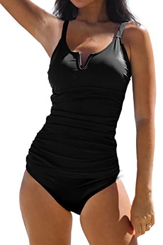 Beachsissi Damen Badeanzüge mit Gerüschtem Design Bauchkontrolle Zweiteilig Blumendruck V Ausschnitt Tankini Sets, Schwarz, M von Beachsissi